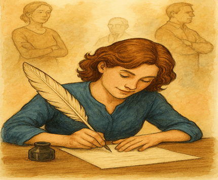 Illustration of a young person with curly brown hair, wearing a blue shirt, seated at a wooden table and writing with a quill pen. An ink bottle rests beside the paper. In the warm-toned background, three faded, ghost-like figures — a woman and two men — observe quietly, symbolizing influence, memory, or judgment. The scene evokes themes of creativity, introspection, and literary legacy.