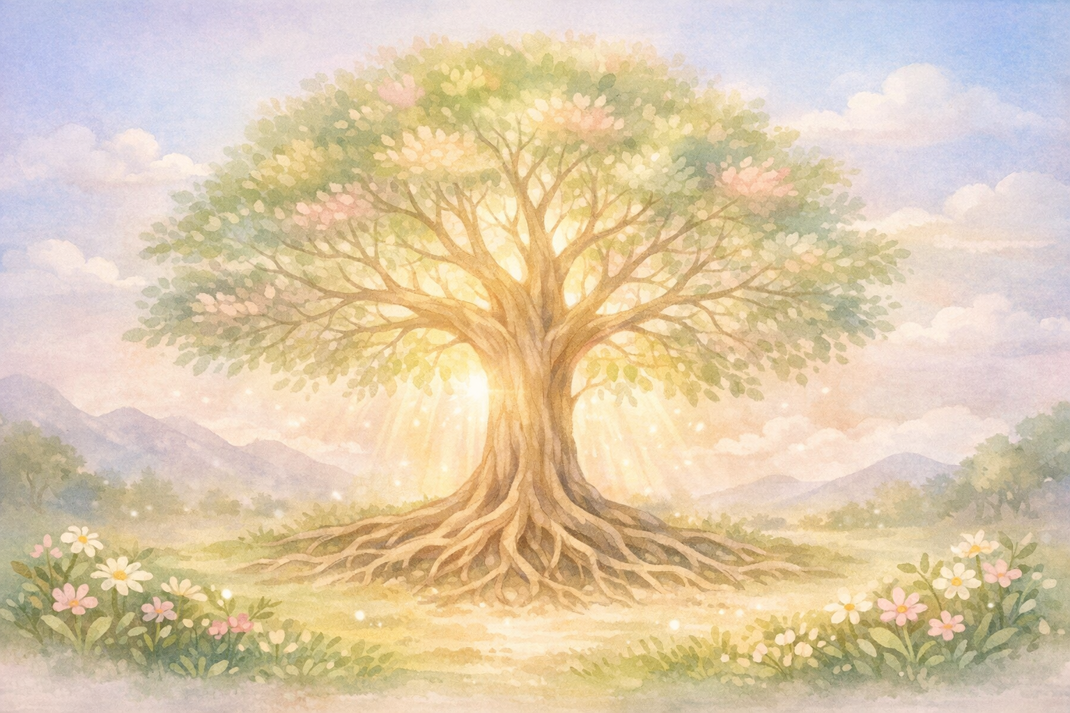 A soft pastel Tree of Life glows in a peaceful meadow, its roots and branches stretching wide beneath a golden sky — symbolizing spiritual comfort, memory, and reunion.