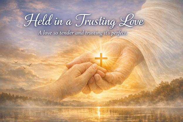 Hands held in divine light near a cross at sunrise, symbolizing trusting love and spiritual comfort.