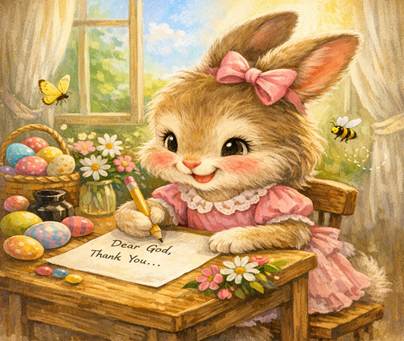 A cheerful bunny in a pink dress writes a thank‑you letter to God at a sunny desk with Easter eggs, flowers, and a buzzing bee nearby.