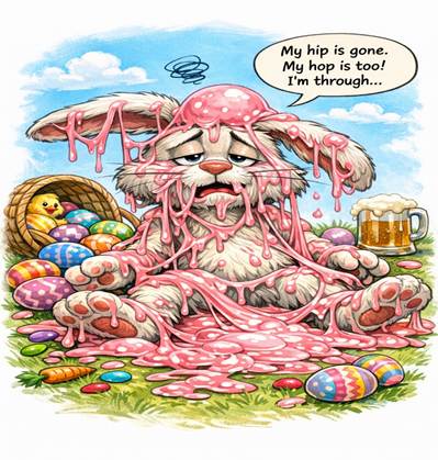 A cartoon-style Easter bunny sits in a grassy field completely tangled in bright pink bubblegum. Colorful Easter eggs spill from an overturned basket beside him, while the bunny slumps in a sticky pink puddle with a dazed, defeated expression. One ear droops, gum stretches across his paws, and the scene is playful, messy, and humorous—perfectly matching the poem’s “Easter Flop” theme.