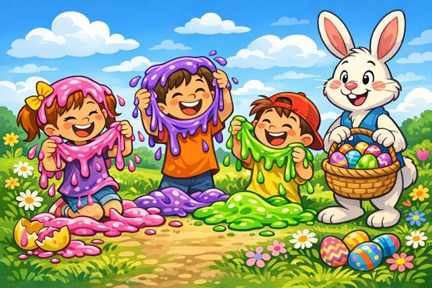 Cartoon-style Easter scene with three children covered in playful pink, purple, and green goo from surprise eggs, laughing together as the Easter Bunny watches with a basket of colorful eggs.