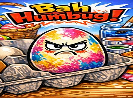 Illustration of a grumpy Easter egg with no arms or legs, frowning with attitude, surrounded by soft pastel colors in a whimsical, kid‑friendly style.