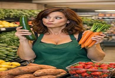 Woman in a grocery store produce aisle holding a cucumber and carrots with a humorous expression