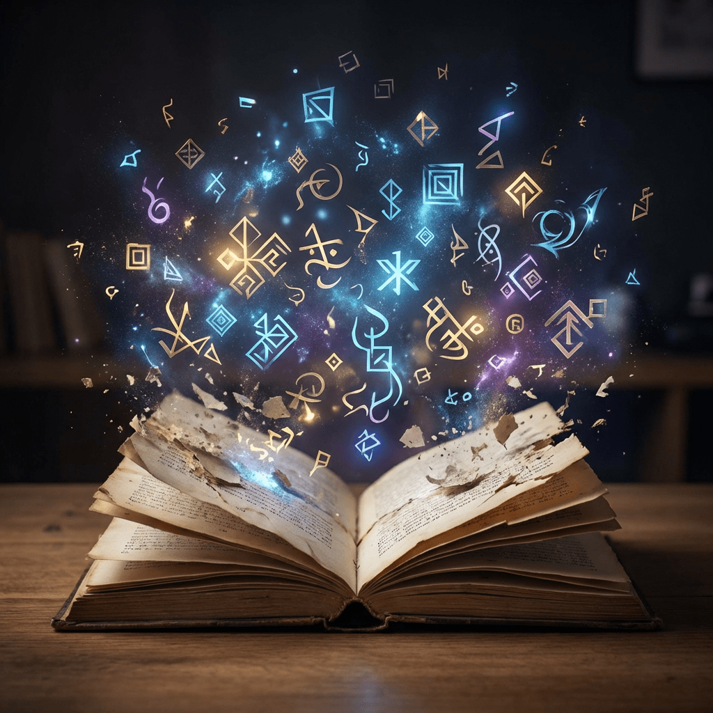 An open, worn book on a wooden table with glowing magical runes floating above it.