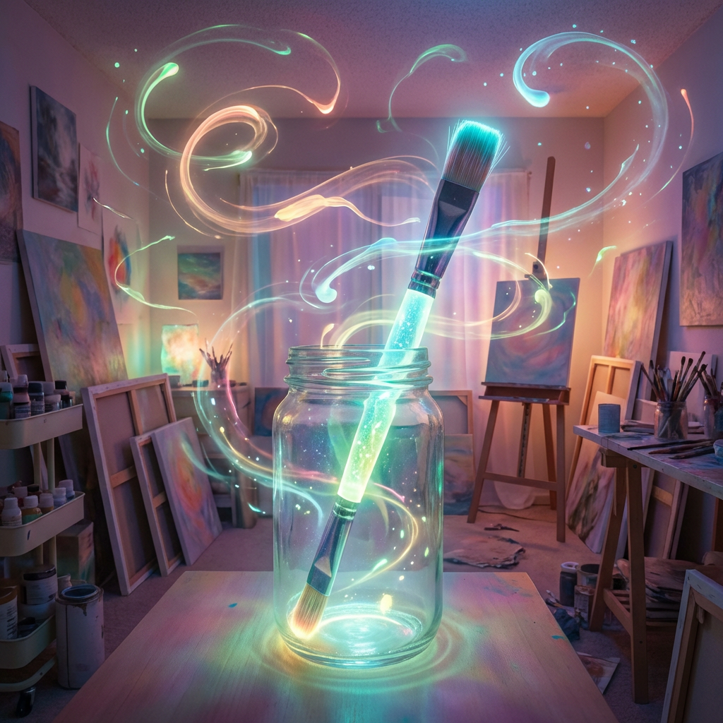 Glowing paintbrush in a glass jar emitting swirling, colorful magical light in an art studio.