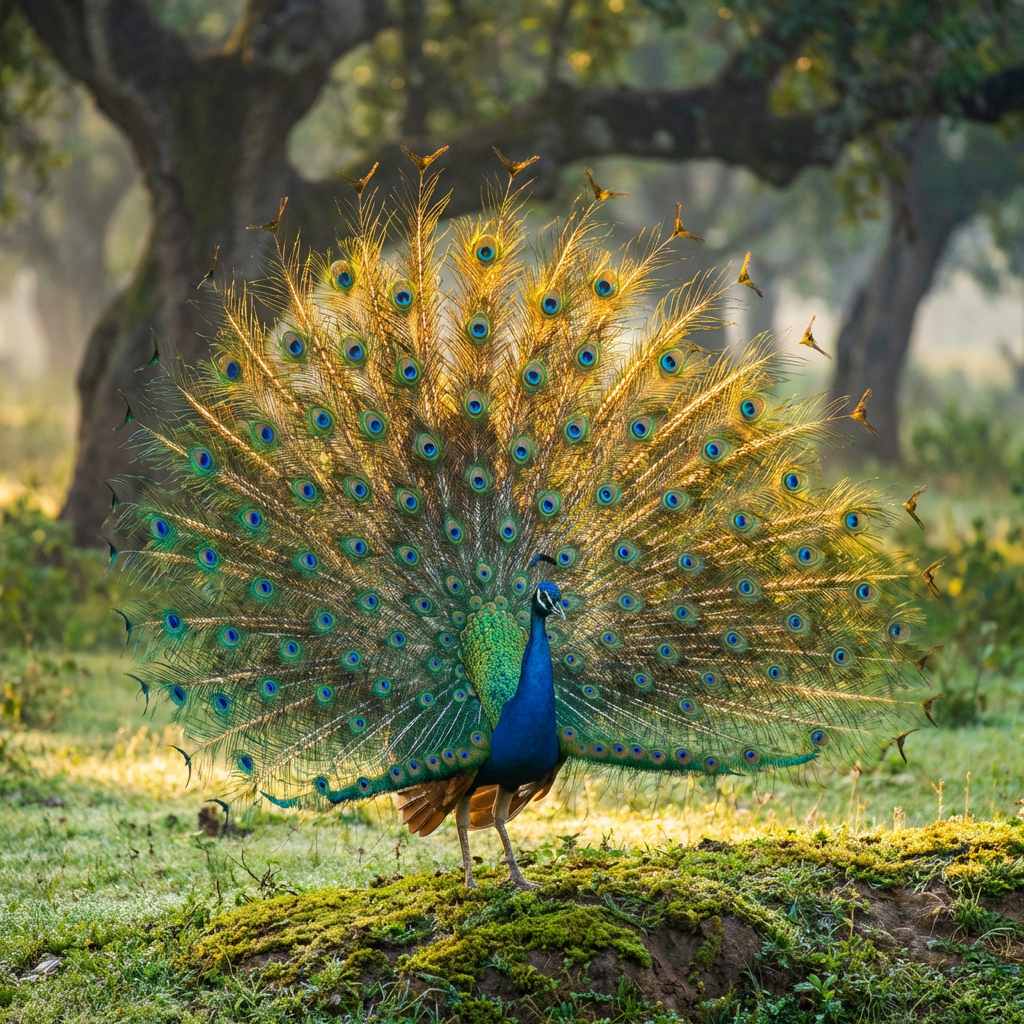 Male peacock with its vibrant iridescent tail feathers fanned out in a forest display.