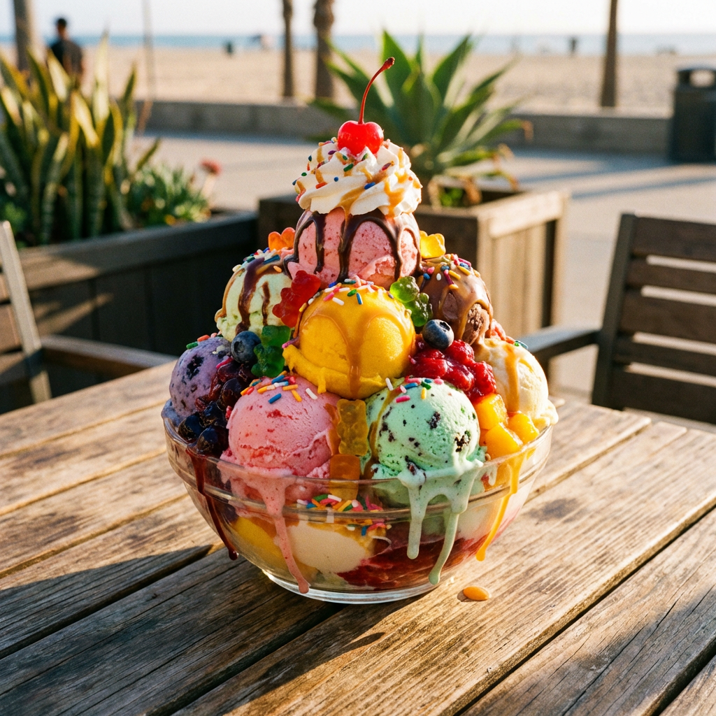 A large glass bowl filled with many colorful scoops of ice cream and various toppings.