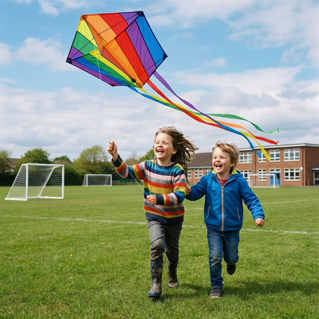 A young child running through a field of wildflowers while flying a large rainbow kite.