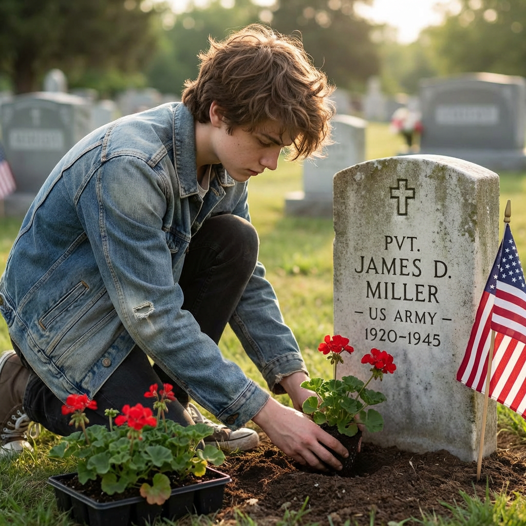 A man planting flowers at the grave of PVT. James D. Miller, US Army, 1920-1945.