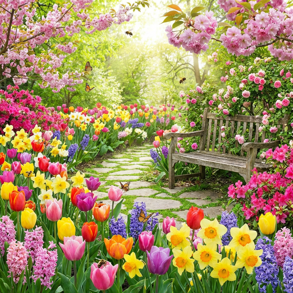 Stone path through a vibrant spring garden with flowers and a wooden bench.