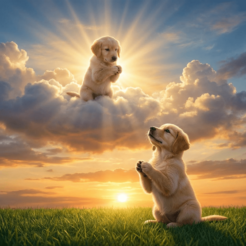 Golden retriever puppy sitting on a fluffy cloud amidst radiating sunbeams.