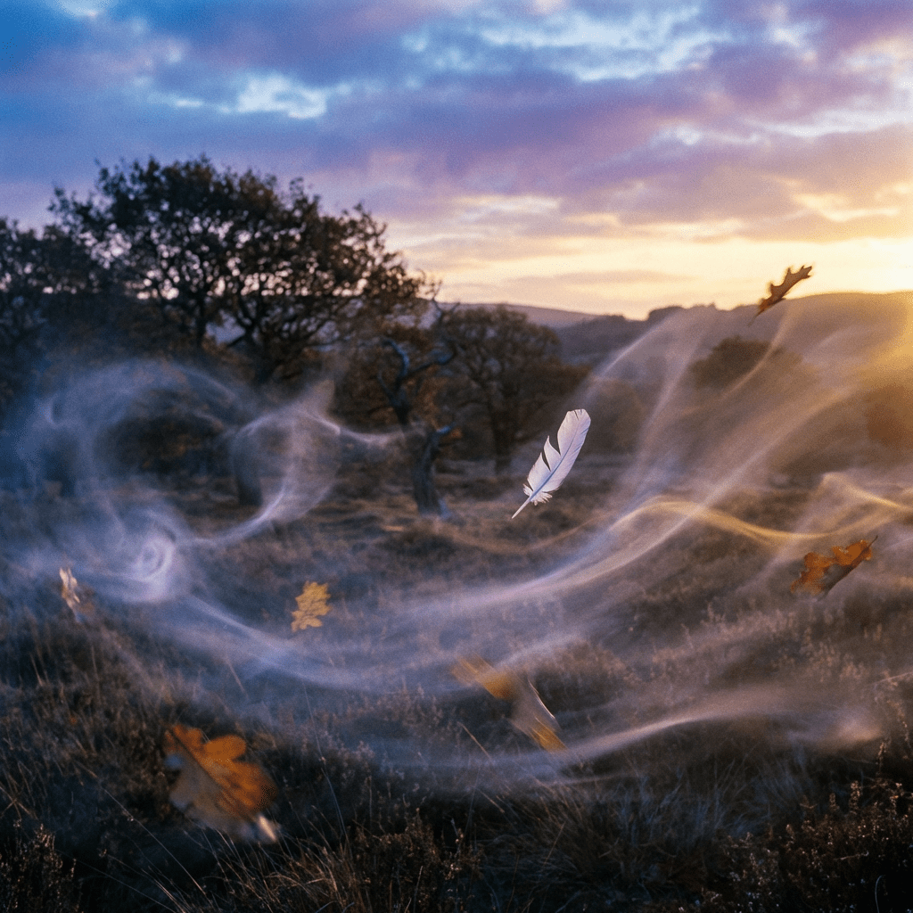White feather and leaves caught in swirling wind trails over a field at sunset.