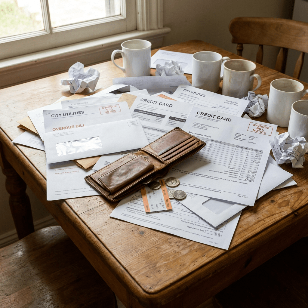 City Utilities Overdue Bill, Credit Card statements, and Overdue Bill Notice papers on a table.