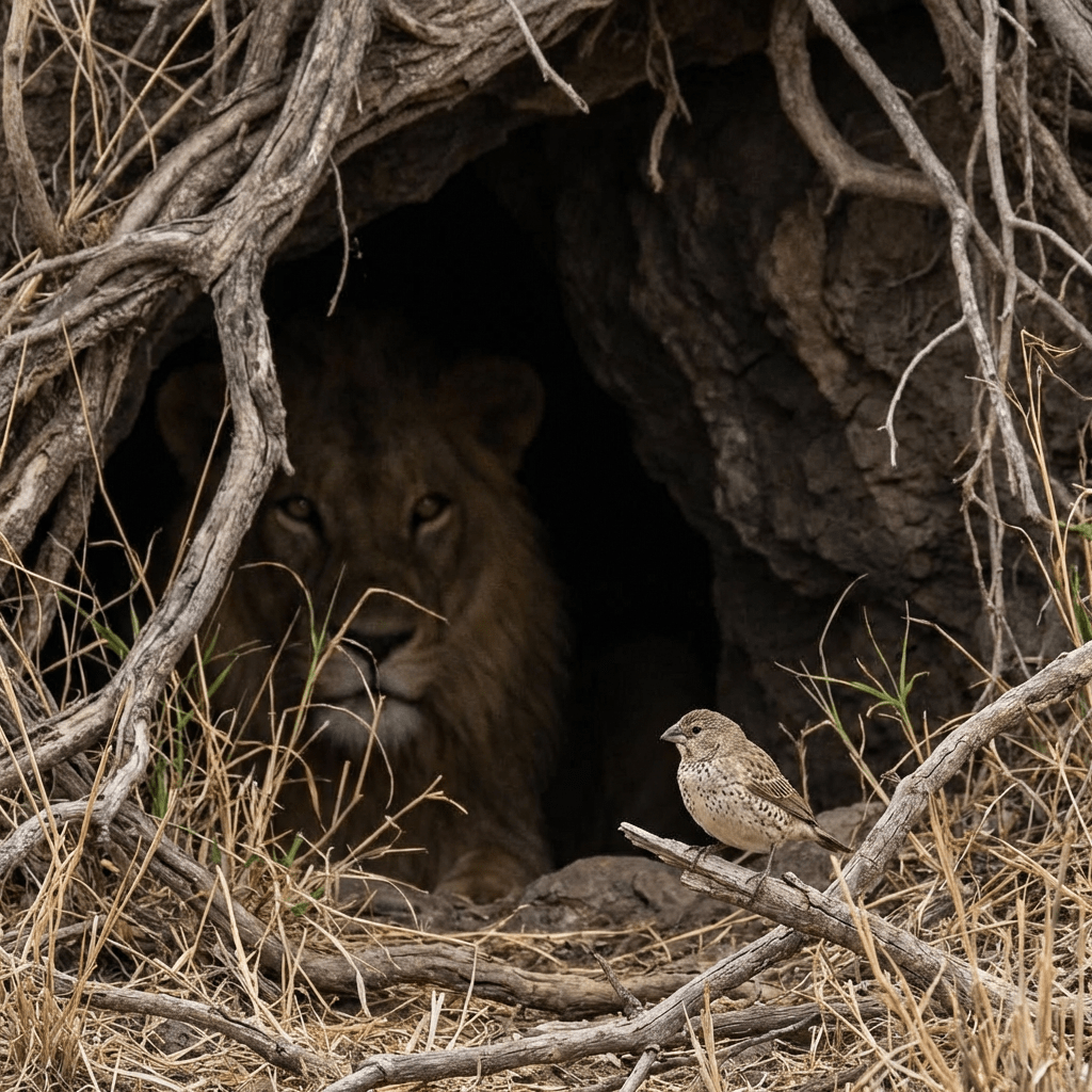 A lion watches from a dark cave entrance while a small bird perches nearby.