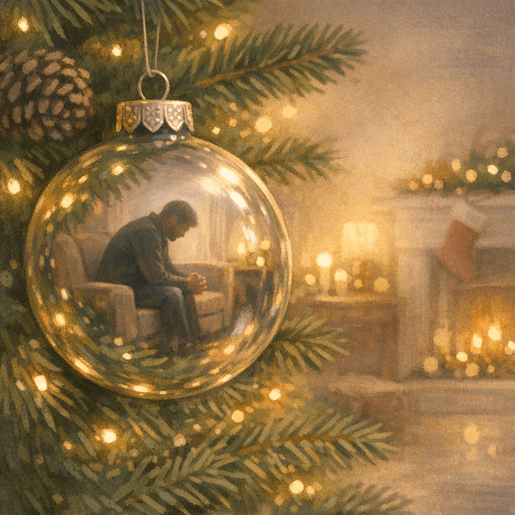 A soft pastel illustration of a Christmas ornament hanging on a tree, reflecting the faint silhouette of a man sitting alone in a quiet living room, symbolizing memories and lost love.