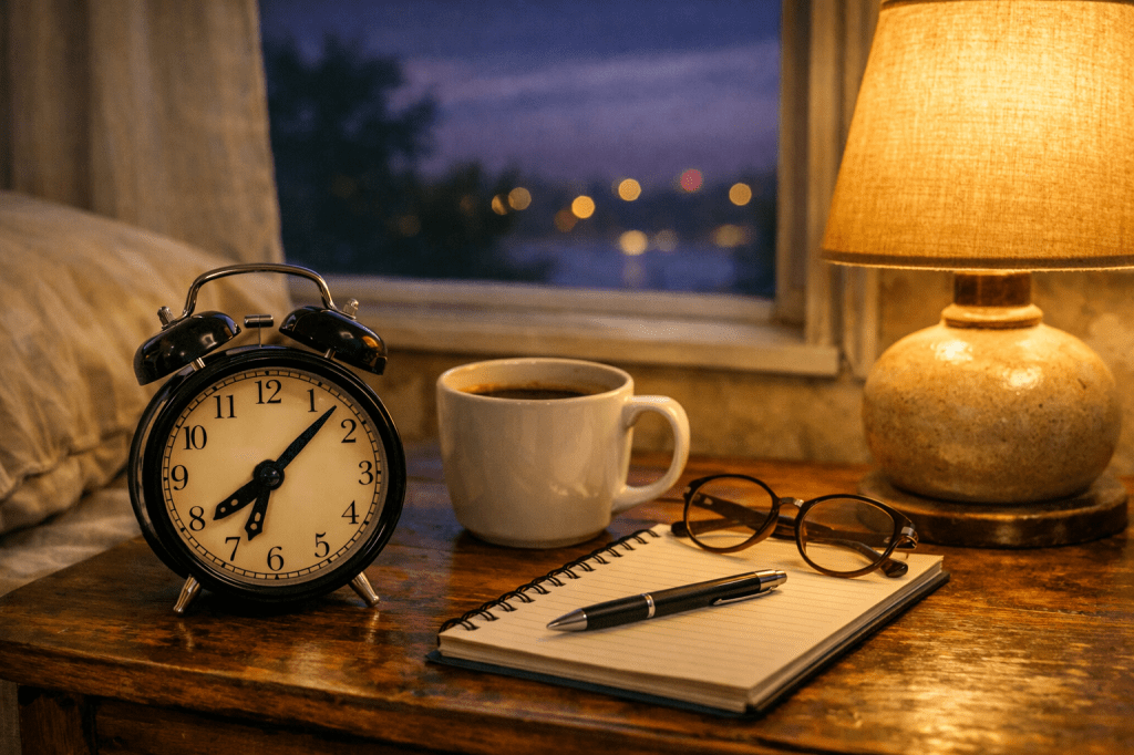 A warm, softly lit bedroom nightstand with a vintage alarm clock showing 8:10, a half‑full coffee mug, reading glasses, and a notepad beside a glowing lamp. The cozy evening light reflects the humorous poem “Four‑Hour Nap Mistake,” about oversleeping, tired eyes, and a slow clock.