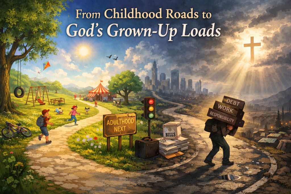 A winding road leading from a bright childhood landscape to a faith‑guided adult world.