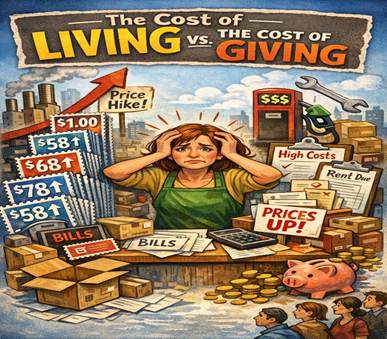 Illustration of a worried store owner surrounded by bills, stamps, and rising costs, titled “The Cost of Living vs. the Cost of Giving.
