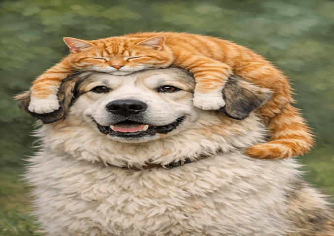 A large Great Pyrenees dog sits calmly while an orange tabby cat drapes over his head like a floppy hat, paws hanging over his ears.