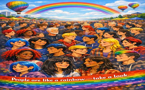 • A diverse crowd of people with different skin tones and brightly colored hair standing together beneath a large rainbow at a fair, with balloons and tents in the background.