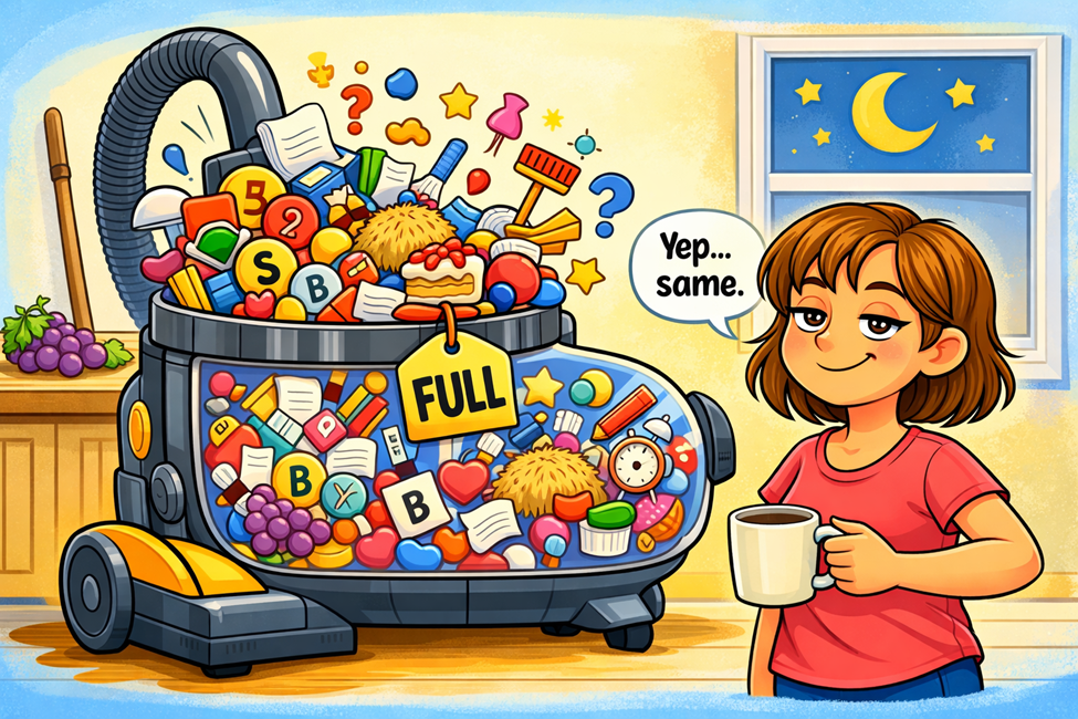 Cartoon of a tired woman beside a vacuum cleaner with a wide, transparent canister overflowing with doodles, letters, and everyday objects. A tag reads “FULL,” and she holds an empty coffee mug, smiling wearily. Cozy, humorous illustration symbolizing a mind full of thoughts.