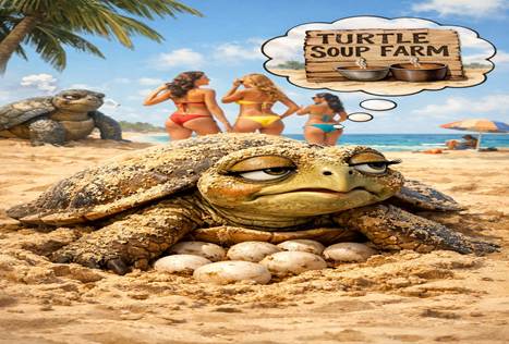 A sand‑covered female turtle sits on a beach looking exasperated while bikini‑clad women stand near the water. A male turtle huffs in the background, and a wooden sign reads “Turtle Soup Farm.” The scene is bright, sunny, and humorous.