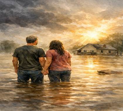 A husband and wife stand ankle deep in muddy floodwater, holding hands as sunlight breaks through storm clouds behind them. Their house is partially submerged in the background, and golden light reflects off the water, symbolizing hope after devastation.