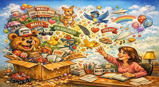 Playful collage of creative ideas bursting from a box as a woman reaches for inspiration.