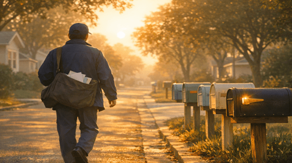 A mail carrier walks down a quiet, tree‑lined neighborhood street at sunrise, delivering letters to a row of pastel‑colored mailboxes. The warm light highlights the mailbag and creates a peaceful, appreciative mood.