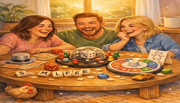 A cozy pastel illustration of a round table covered with playful board game pieces — Scrabble tiles, a Monopoly token, a Trouble bubble mid pop, and a Life spinner — with soft cartoon characters laughing together. A small chicken peeks around the table leg, adding a humorous touch.