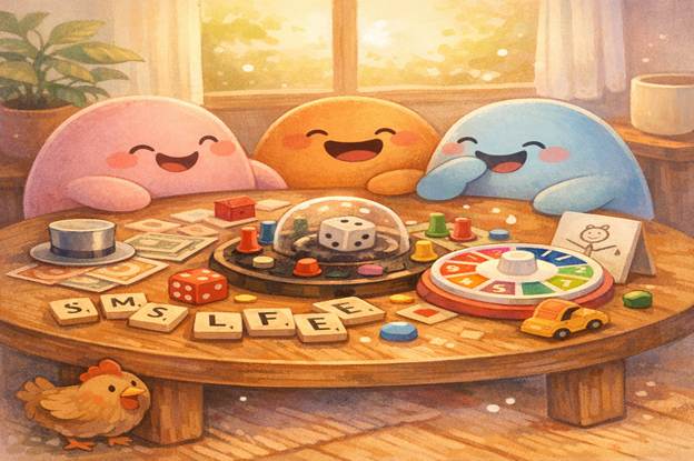 Three colorful cartoon friends sit around a wooden table playing board games while a small chicken peeks out from under the table, climbing one player’s leg. Game pieces, dice, and cards are scattered across the cozy, softly lit room, capturing a playful, laughter‑filled game night.