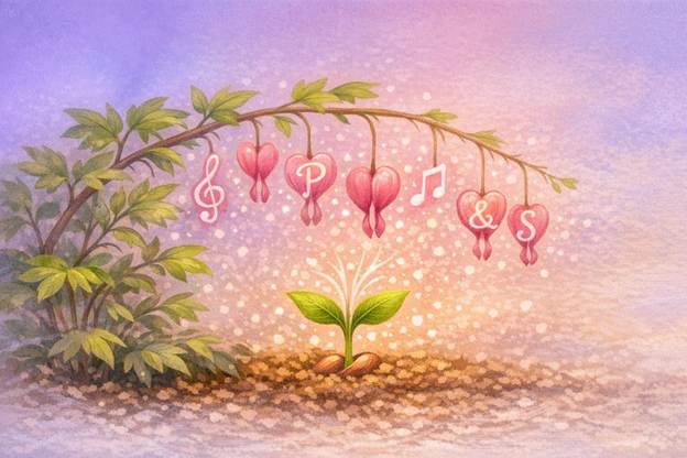 A curved green stem hangs five pink, heart‑shaped flowers, each marked with a musical or symbolic icon. Below them, a small sprout glows softly against a pastel purple‑to‑orange background filled with sparkles.