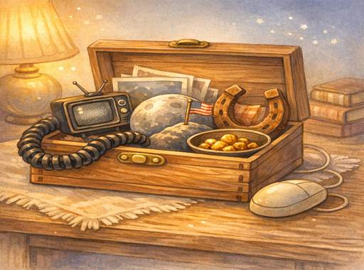 A soft pastel illustration of a wooden memory box filled with symbols of the past — a tiny black and white TV, a rotary phone cord, a small Moon with a flag, a horseshoe, and a gold nugget — representing a lifetime of memories.