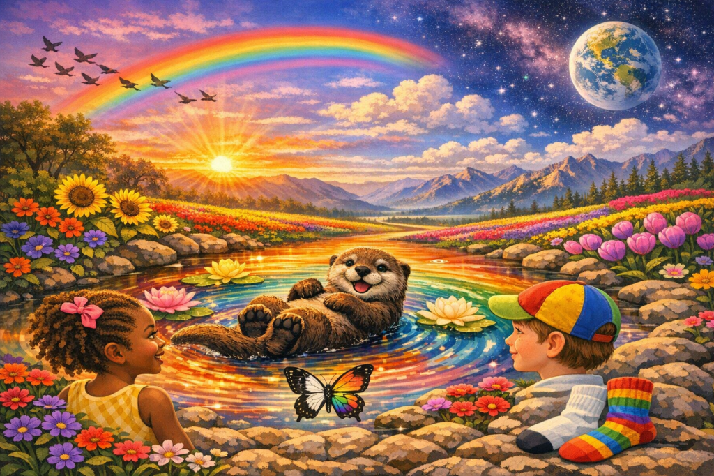 Vibrant horizontal illustration inspired by the poem God’s Colors, showing a joyful otter floating in a rainbow‑swirled pond surrounded by flowers, two children watching, and a butterfly with one black‑and‑white wing and one rainbow wing beneath a radiant sky and arching rainbow.