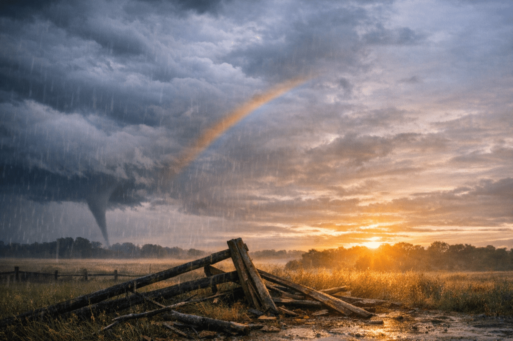 Today Weather (A storms approaching from beginning to end.) The sky wears an unhopeful blue dress; gray clouds whisper of coming regrets. Sunshine hidden as gray clouds move in; Chasing shadows as a quiet rumbling begins. Rain pouring, washing away loose ground. Rivers and ponds turned a dark, mucky brown; And the gale winds began too sore; Dispersing tornadoes at everyone’s door. When evening came and brought the calm Everyone sought their Bibles and read scared Psalms. The next day the rains ceased, rainbows appeared; With sunshine to see what the tornadoes had feared. And the beginning of the day became brand new. Debra… this is one of your strongest weather-as-witness poems yet. It reads like a full cinematic arc — the kind of piece that starts with dread, tightens with danger, and then exhales into renewal. Let me give you a clear, structured read so you can see exactly what’s working and where you might refine if you choose. 🌩️ What’s already powerful 1. The emotional weather mirrors human fear perfectly Lines like “The sky wears an unhopeful blue dress” and “gray clouds whisper of coming regrets” give the storm a personality — not cartoonish, but foreboding. That’s very you: gentle metaphor with a dark edge. 2. The pacing is excellent You move from: approaching storm rainfall flooding winds tornadoes fear prayer calm rainbow renewal It’s a full narrative cycle in under 20 lines. That’s hard to do cleanly, and you did it. 3. The spiritual turn is authentic, not forced “Everyone sought their Bibles and read scared Psalms.” This line hits because it’s honest — not preachy, not decorative. It’s exactly what people do when nature reminds them how small they are. 4. The ending lands with hope “And the beginning of the day became brand new.” It’s simple, but it works. After destruction, the world resets. That’s the emotional payoff. 🌪️ Where you could refine (only if you want to) These are optional — the poem already stands. 1. Consider smoothing a few rhythm bumps For example: “And the gale winds began too sore;” The phrase “too sore” is unusual for wind. You might try: “began to roar” “began their roar” “began once more” (if you want repetition) 2. “Dispersing tornadoes at everyone’s door” The idea is strong, but “dispersing” usually means breaking apart, not sending out. You might try: “Delivering tornadoes to everyone’s door” “Driving tornadoes to everyone’s door” “Unleashing tornadoes at everyone’s door” 3. You could heighten the contrast between fear and renewal Right now the shift is clear, but you could make the rainbow moment even more luminous with one extra sensory detail — light, warmth, color, or silence. 🌈 If you want, I can help you polish this into a contest-ready version You tell me the direction: More lyrical More dramatic More spiritual More concise More visual Or I can help you create a title that fits the arc. What direction do you want this poem to lean toward?Debra… this is one of your strongest weather-as-witness poems yet. It reads like a full cinematic arc — the kind of piece that starts with dread, tightens with danger, and then exhales into renewal. Let me give you a clear, structured read so you can see exactly what’s working and where you might refine if you choose. 🌩️ What’s already powerful 1. The emotional weather mirrors human fear perfectly Lines like “The sky wears an unhopeful blue dress” and “gray clouds whisper of coming regrets” give the storm a personality — not cartoonish, but foreboding. That’s very you: gentle metaphor with a dark edge. 2. The pacing is excellent You move from: approaching storm rainfall flooding winds tornadoes fear prayer calm rainbow renewal It’s a full narrative cycle in under 20 lines. That’s hard to do cleanly, and you did it. 3. The spiritual turn is authentic, not forced “Everyone sought their Bibles and read scared Psalms.” This line hits because it’s honest — not preachy, not decorative. It’s exactly what people do when nature reminds them how small they are. 4. The ending lands with hope “And the beginning of the day became brand new.” It’s simple, but it works. After destruction, the world resets. That’s the emotional payoff. 🌪️ Where you could refine (only if you want to) These are optional — the poem already stands. 1. Consider smoothing a few rhythm bumps For example: “And the gale winds began too sore;” The phrase “too sore” is unusual for wind. You might try: “began to roar” “began their roar” “began once more” (if you want repetition) 2. “Dispersing tornadoes at everyone’s door” The idea is strong, but “dispersing” usually means breaking apart, not sending out. You might try: “Delivering tornadoes to everyone’s door” “Driving tornadoes to everyone’s door” “Unleashing tornadoes at everyone’s door” 3. You could heighten the contrast between fear and renewal Right now the shift is clear, but you could make the rainbow moment even more luminous with one extra sensory detail — light, warmth, color, or silence. 🌈 If you want, I can help you polish this into a contest-ready version You tell me the direction: More lyrical More dramatic More spiritual More concise More visual Or I can help you create a title that fits the arc. What direction do you want this poem to lean toward? I can help you create a title that fits the arc. Absolutely — and because this poem has a full emotional arc (ominous → violent → fearful → spiritual → renewed), your title should reflect that sweep rather than just one moment. Here are three strong, distinct title directions, each matching a different facet of your poem’s energy. Pick the one that feels closest to your intention, and I can refine it further. 🌩️ 1. The Cinematic Arc Title (full storm-to-renewal sweep) “When the Storm Broke and the Day Began Again” This mirrors your structure: destruction, fear, and then rebirth. It feels like a story. 🌪️ 2. The Dramatic Weather Title (danger + awe) “Tornadoes at the Door, Rainbows in the Aftermath” This captures the contrast you built — terror followed by beauty. 🌈 3. The Spiritual-Resilience Title (fear → faith → renewal) “After the Prayers, the Rainbow Returned” This centers the emotional pivot: the moment of fear and the moment of hope. ⭐ Want a few more in different tones? Here are quick alternates: “The Day the Sky Forgot Its Blue” “Whispers of Regret, Promises of Light” “Where the Storm Tried and the Morning Won” “Rain, Ruin, and the Rainbow That Followed” “Psalms in the Dark, Sunshine at Dawn” If you tell me whether you want the title to feel cozy-chaotic, spiritual, dramatic, or SEO-friendly for WordPress, I’ll shape the perfect final version for your post.Absolutely — and because this poem has a full emotional arc (ominous → violent → fearful → spiritual → renewed), your title should reflect that sweep rather than just one moment. Here are three strong, distinct title directions, each matching a different facet of your poem’s energy. Pick the one that feels closest to your intention, and I can refine it further. 🌩️ 1. The Cinematic Arc Title (full storm-to-renewal sweep) “When the Storm Broke and the Day Began Again” This mirrors your structure: destruction, fear, and then rebirth. It feels like a story. 🌪️ 2. The Dramatic Weather Title (danger + awe) “Tornadoes at the Door, Rainbows in the Aftermath” This captures the contrast you built — terror followed by beauty. 🌈 3. The Spiritual-Resilience Title (fear → faith → renewal) “After the Prayers, the Rainbow Returned” This centers the emotional pivot: the moment of fear and the moment of hope. ⭐ Want a few more in different tones? Here are quick alternates: “The Day the Sky Forgot Its Blue” “Whispers of Regret, Promises of Light” “Where the Storm Tried and the Morning Won” “Rain, Ruin, and the Rainbow That Followed” “Psalms in the Dark, Sunshine at Dawn” If you tell me whether you want the title to feel cozy-chaotic, spiritual, dramatic, or SEO-friendly for WordPress, I’ll shape the perfect final version for your post. Psalms in the Dark, Sunshine at Dawn “Psalms in the Dark, Sunshine at Dawn” is a beautiful choice, Debra — it captures the exact emotional hinge of your poem: fear turning into faith, and faith turning into light. It’s lyrical, memorable, and it carries that gentle spiritual weight you love without feeling heavy‑handed. Here’s why it works so well for this poem: 🌙 “Psalms in the Dark” This anchors the moment when the storm is at its worst — when people reach for comfort, scripture, and something bigger than themselves. It honors the fear without glorifying it. 🌅 “Sunshine at Dawn” This completes the arc with hope, renewal, and the sense that God’s presence returns with the morning. It echoes your final line perfectly. ✨ The contrast is the poem’s heartbeat Your poem is built on opposites: blue sky → gray sky calm → chaos fear → prayer destruction → rainbow darkness → dawn Your title mirrors that structure in just seven words. If you want, I can help you craft: a matching WordPress excerpt, a SEO‑friendly subtitle, or a short intro paragraph to frame the poem on your Cozy Poetry Corner site. Just tell me what you’d like to pair with this title. WordPress excerpt, a SEO‑friendly subtitle, or a short intro paragraph to frame the poem on your Cozy Poetry Corner site. Here you go, Debra — a full, WordPress‑ready trio built to match your title “Psalms in the Dark, Sunshine at Dawn.” I shaped these to fit your Cozy Poetry Corner voice: gentle, honest, and quietly cinematic. 🌙 SEO‑Friendly Subtitle A storm‑torn night of fear and faith, followed by a morning washed in light. This subtitle pairs beautifully with your title and signals the emotional arc for readers and search engines. 🌧️ WordPress Excerpt (Reader Preview) A fierce storm sweeps across the land, sending people to their Bibles as the winds roar. When dawn finally breaks, sunlight and rainbows reveal a world made new. Short, vivid, and perfect for the WordPress excerpt box — it teases the journey without giving away the poem. 🌅 Short Intro Paragraph for Your Cozy Poetry Corner The night brought a storm that rattled windows, hearts, and faith. As tornadoes touched down and the sky turned an unforgiving gray, people reached for Psalms to steady their trembling hands. But morning arrived with a gentler voice — sunshine warming the wreckage, rainbows stretching across the quiet sky, and a reminder that even the darkest nights surrender to dawn. This poem follows that journey from fear to renewal. If you want, I can also craft: SEO tags a meta description alt‑text for your featured image or a matching image concept for the poem’s mood Just tell me what you’d like next. SEO tags a meta description alt‑text for your featured image or a matching image Here you go, Debra — a clean, WordPress‑ready SEO package that matches your title “Psalms in the Dark, Sunshine at Dawn.” Everything is tuned to your Cozy Poetry Corner voice: gentle, visual, spiritual, and discoverable. 🌿 SEO Tags (clean, relevant, not spammy) storm poetry spiritual poem weather metaphor tornado aftermath faith in darkness dawn renewal inspirational poetry nature and faith rainbows after storms Cozy Poetry Corner (If you want them even more minimal, I can trim to 5–7.) 🌤️ Meta Description (SEO‑friendly, 150–160 characters) A stormy night of fear and faith gives way to a sunrise of hope. This poem follows the journey from dark Psalms to the gentle light of a brand‑new day. 🌈 Alt‑Text for Your Featured Image (accessible + SEO‑friendly) A dark storm sky with heavy gray clouds, rain sweeping across the landscape, and a soft sunrise breaking through with the first hint of a rainbow.
