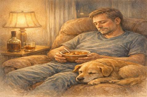 A middle-aged man sits in a recliner at night, holding a warm bowl of stew while his golden retriever rests its head on his leg. A lamp glows softly beside a closed bottle of brandy and a single glass, casting warm light across the quiet living room. The scene feels tender, lonely, and hopeful.