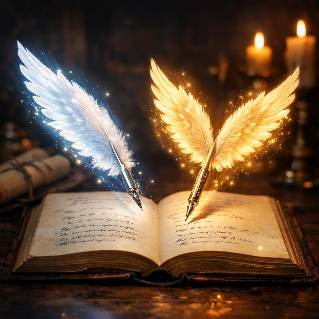 Two glowing feather quills, one blue and one gold, floating over an open old book with handwritten text.