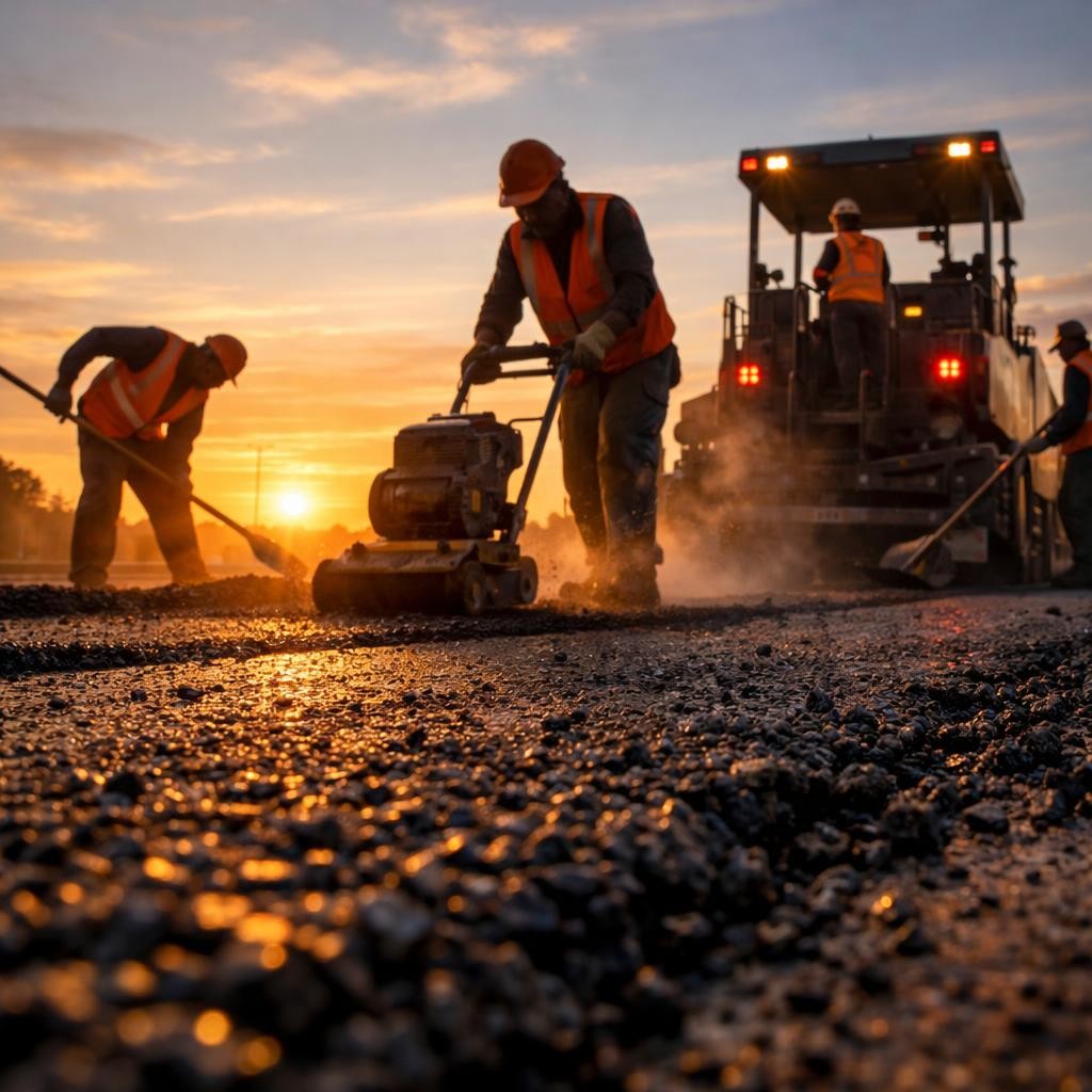 Workers paving road asphalt with machinery at sunset