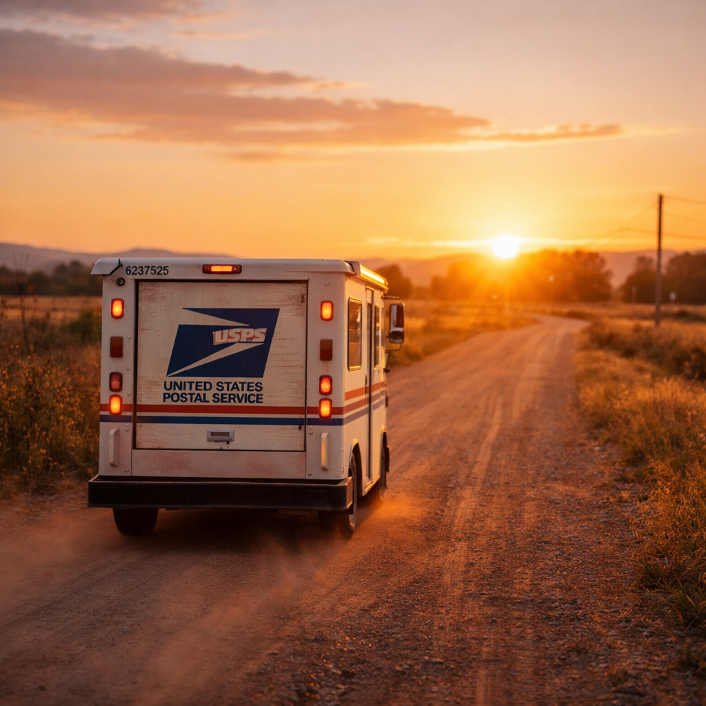 USPS mail delivery truck on dusty dirt road at sunset