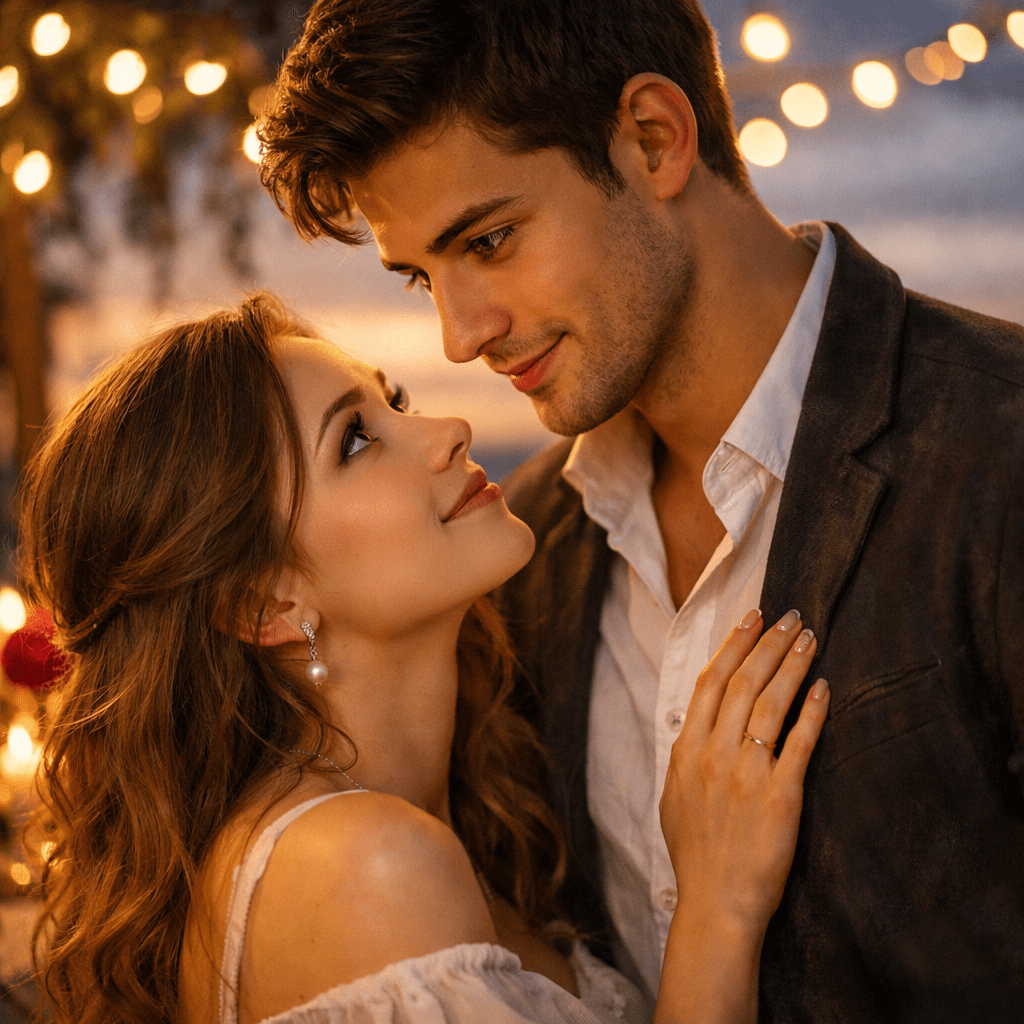 Man and woman gazing into each other's eyes during sunset with lights in background