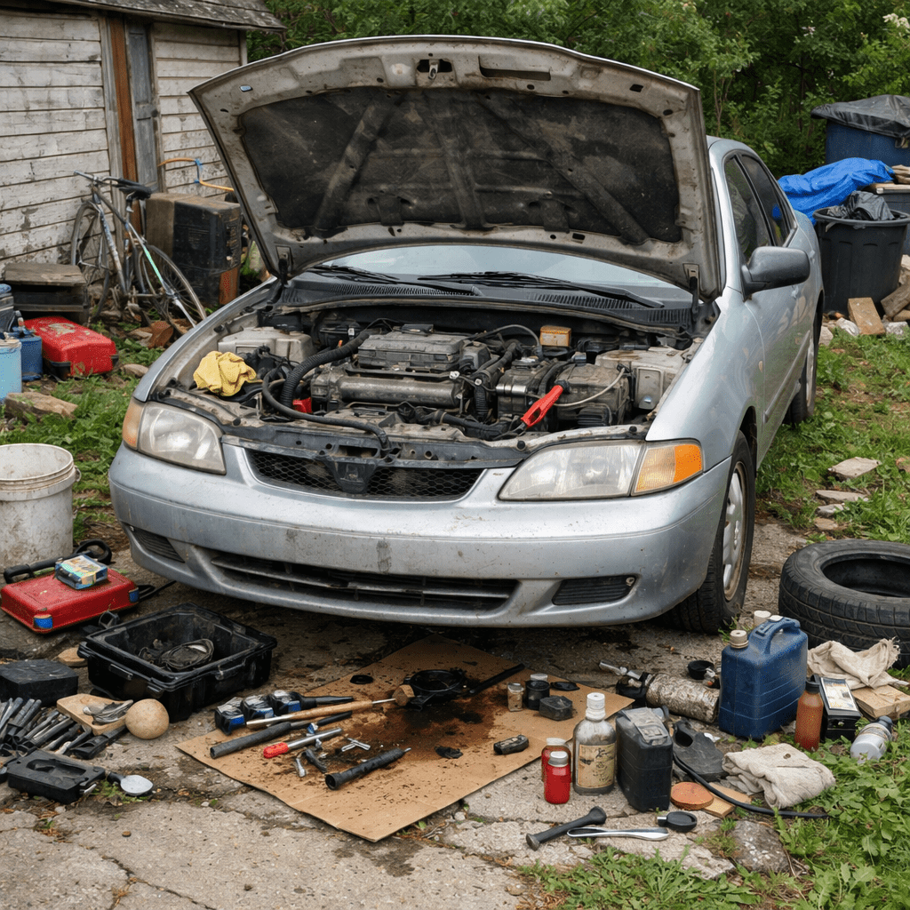 Silver car with open hood and tools scattered on the ground during repair