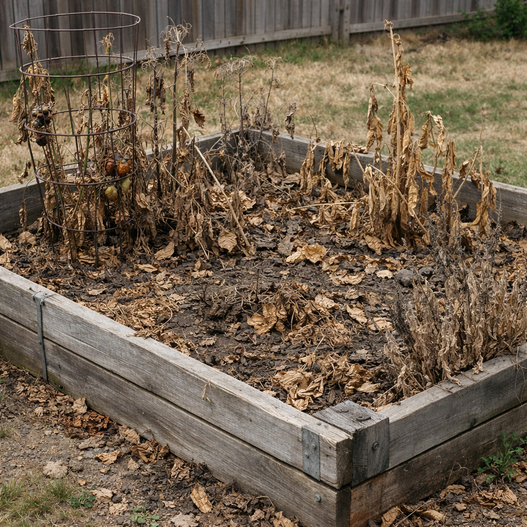 Raised wooden garden bed with dead, dried plants and dry soil