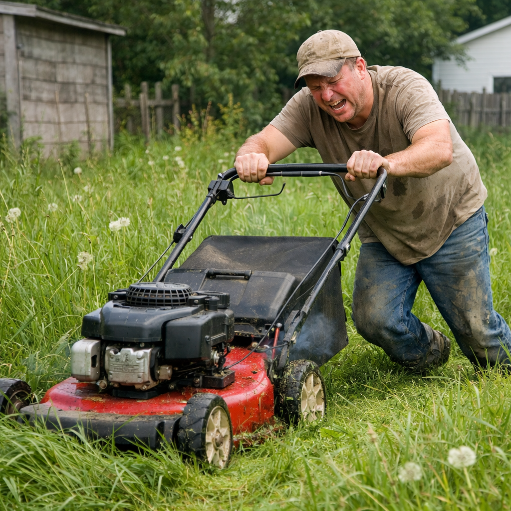Man pushing lawn mower through tall grass, looking strained and sweaty