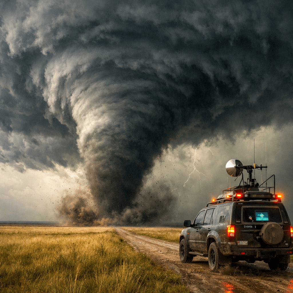 SUV equipped for storm chasing on dirt road near large tornado with lightning in stormy sky