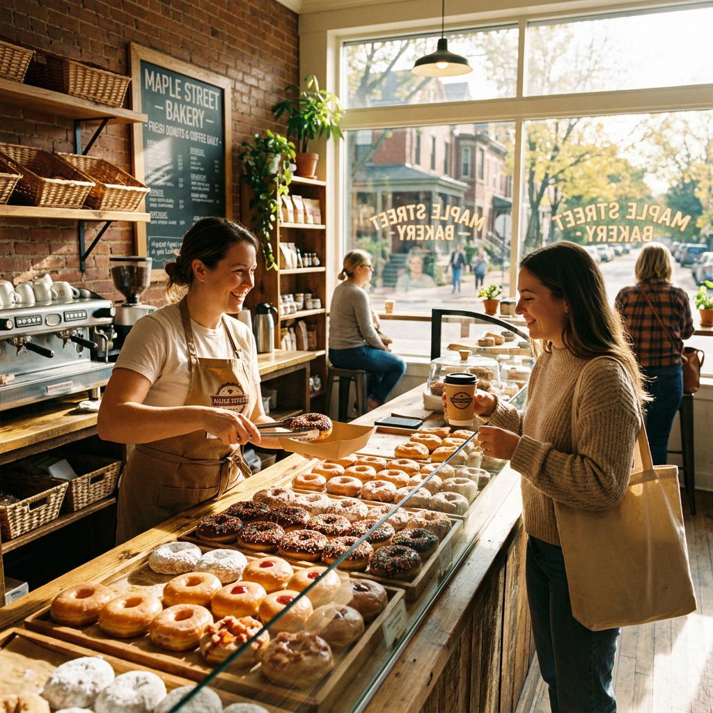 Bakery worker handing a donut to a smiling customer at a bakery counter filled with assorted donuts