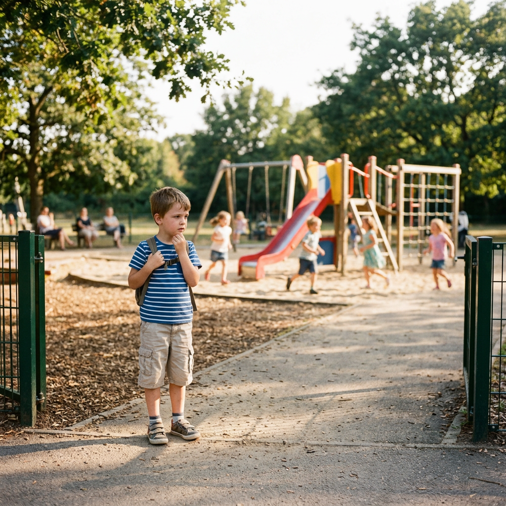 Young boy in striped shirt and shorts standing alone near playground entrance