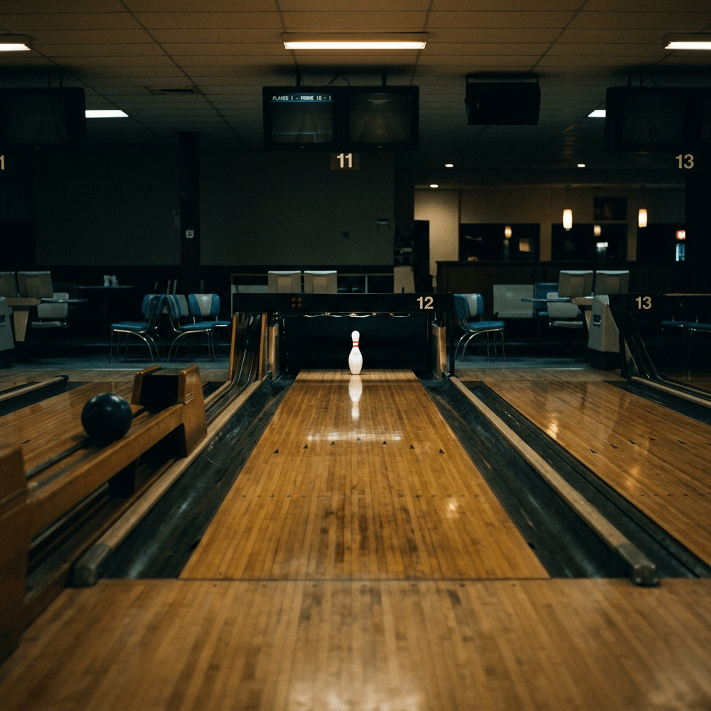 Single bowling pin standing at the end of an empty bowling lane with a bowling ball on the adjacent lane