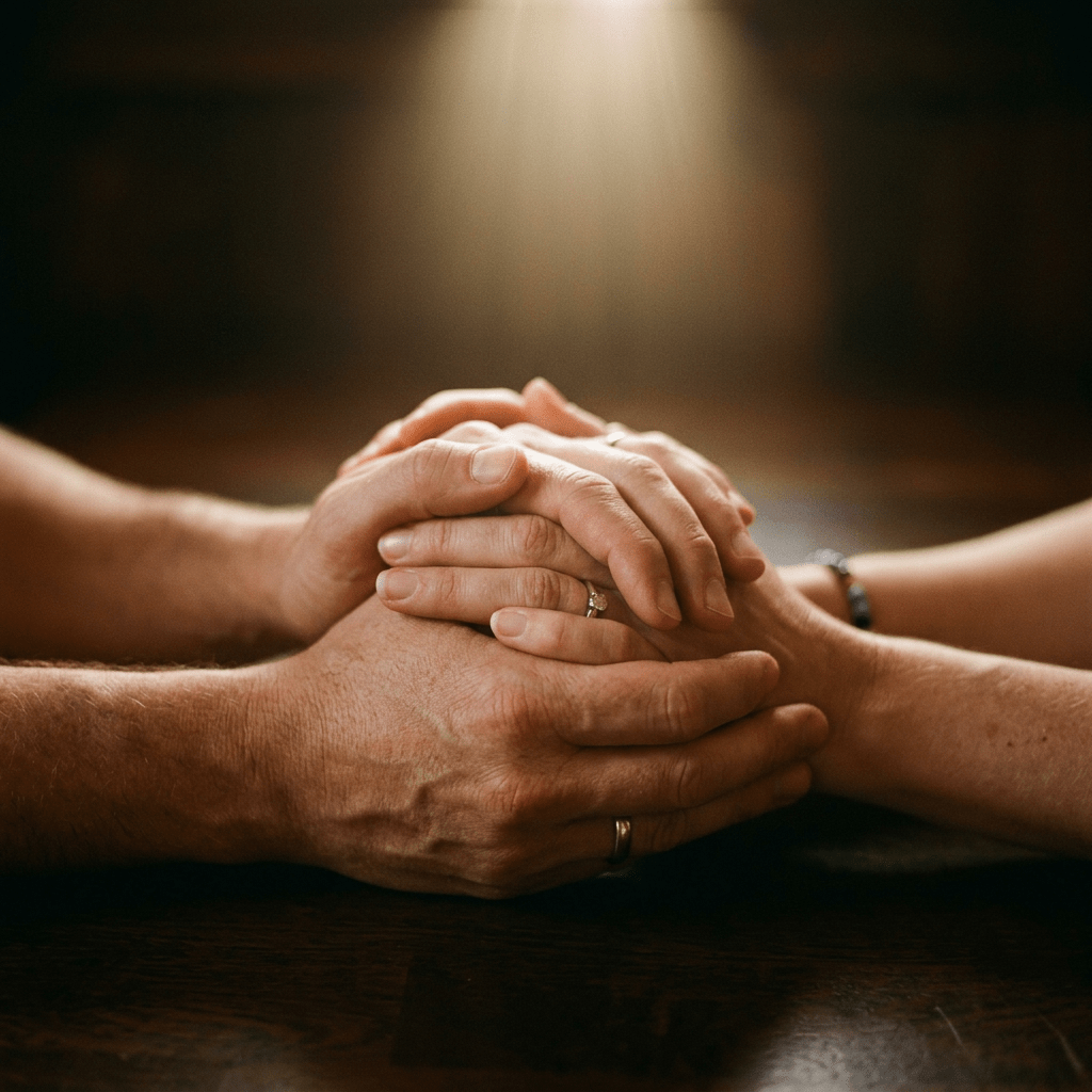 Two pairs of hands gently holding each other on a wooden surface, with rings visible on fingers.