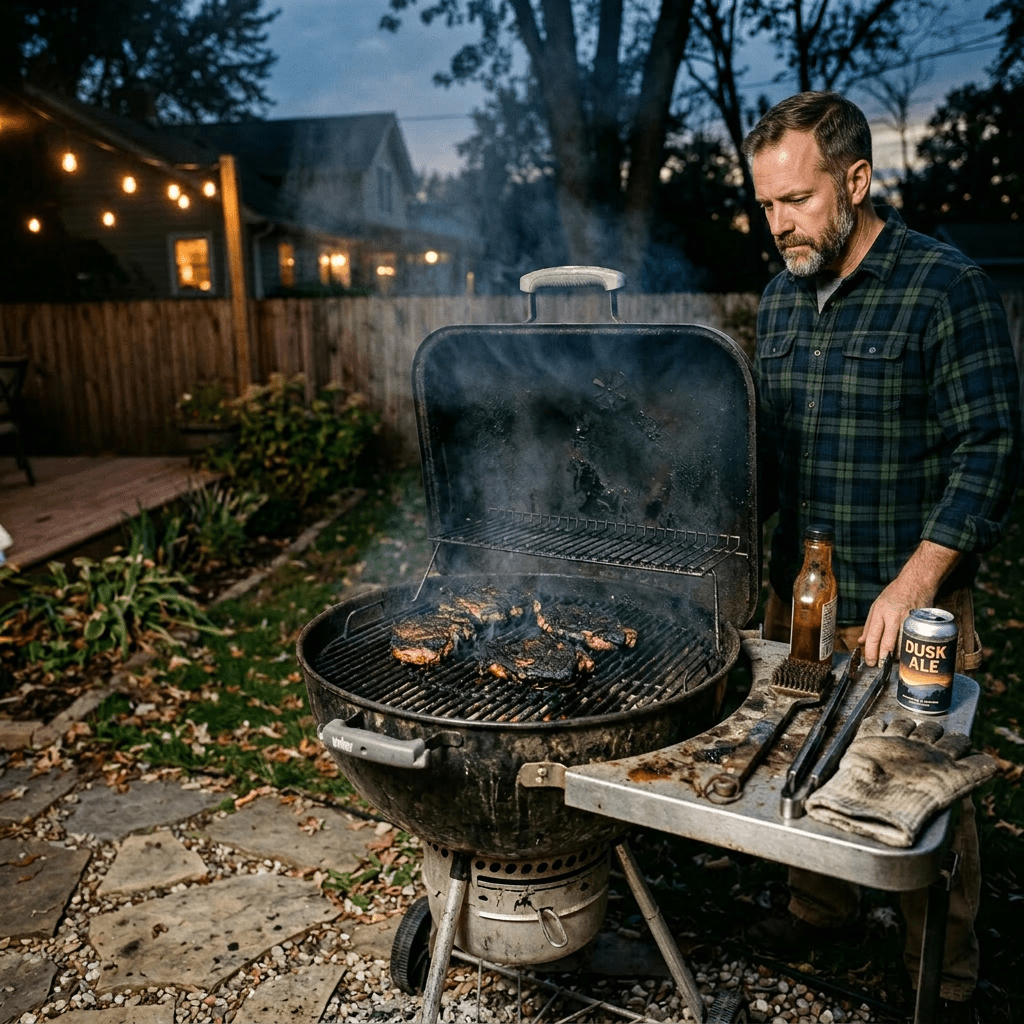 Charcoal grill with steaks cooking, grilling tools, and a can of Dusk Ale beer